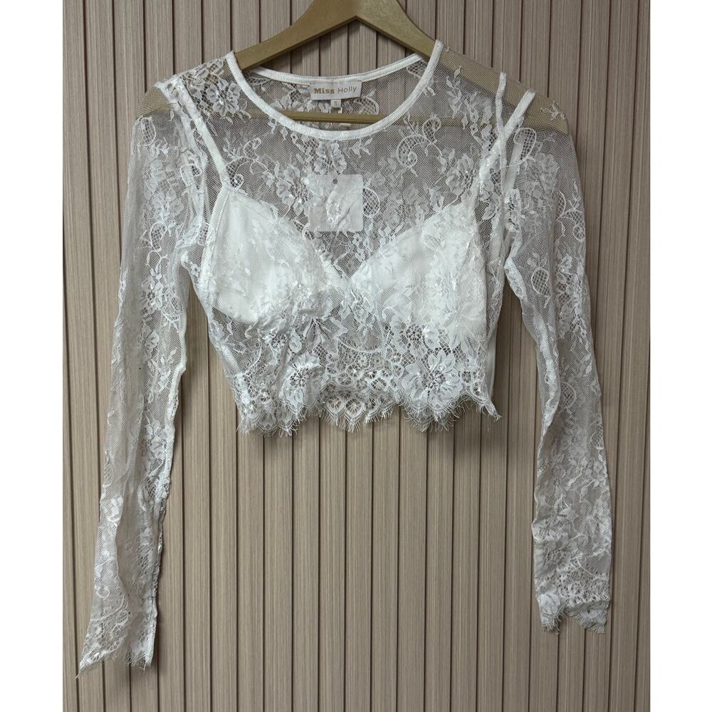 Miss Holly Lace Long Sleeve Crop Top White Sheer Floral Size S